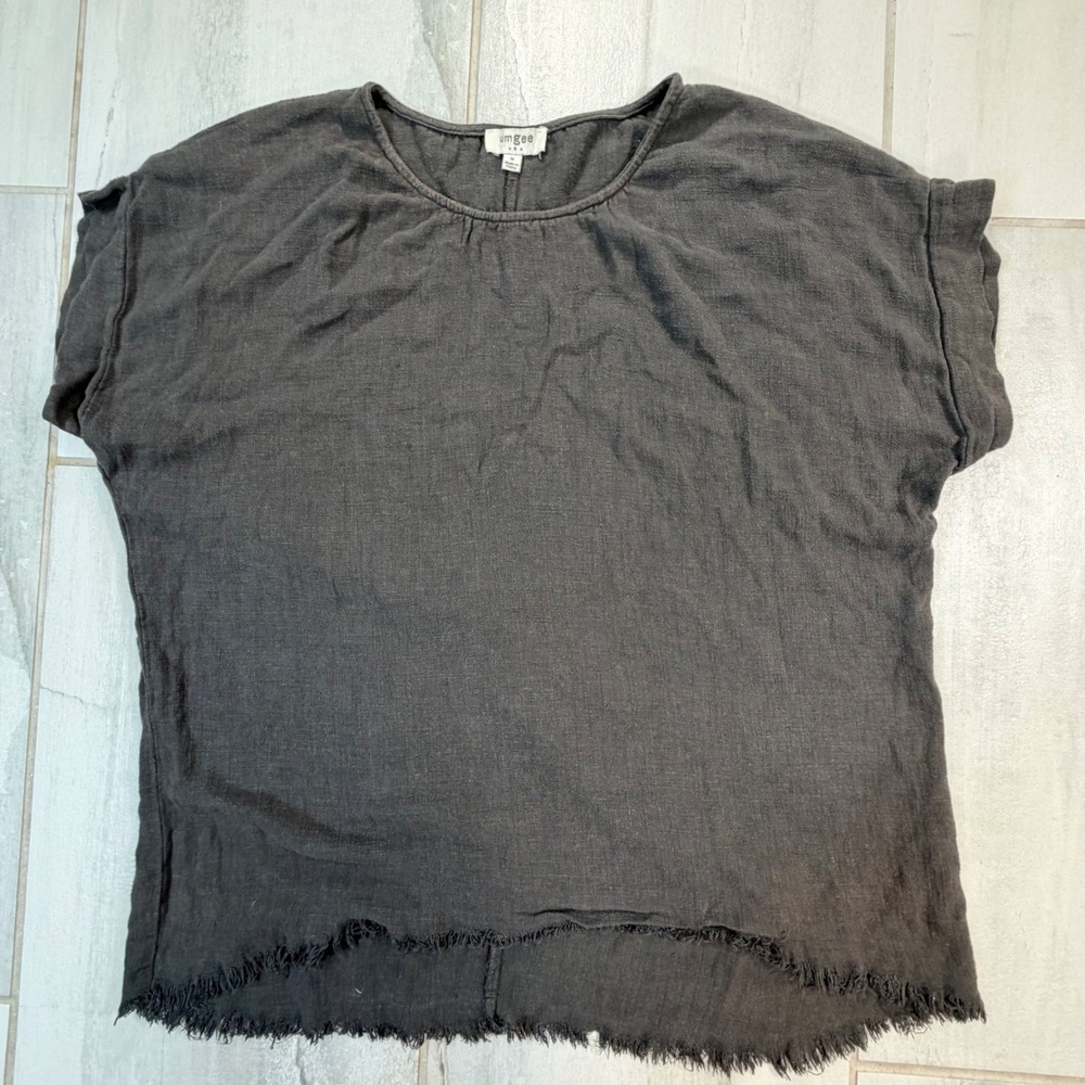 Umgee USA Womens Charcoal Gray Linen Blend Frayed Hi-Low Hem Top C2488 Medium